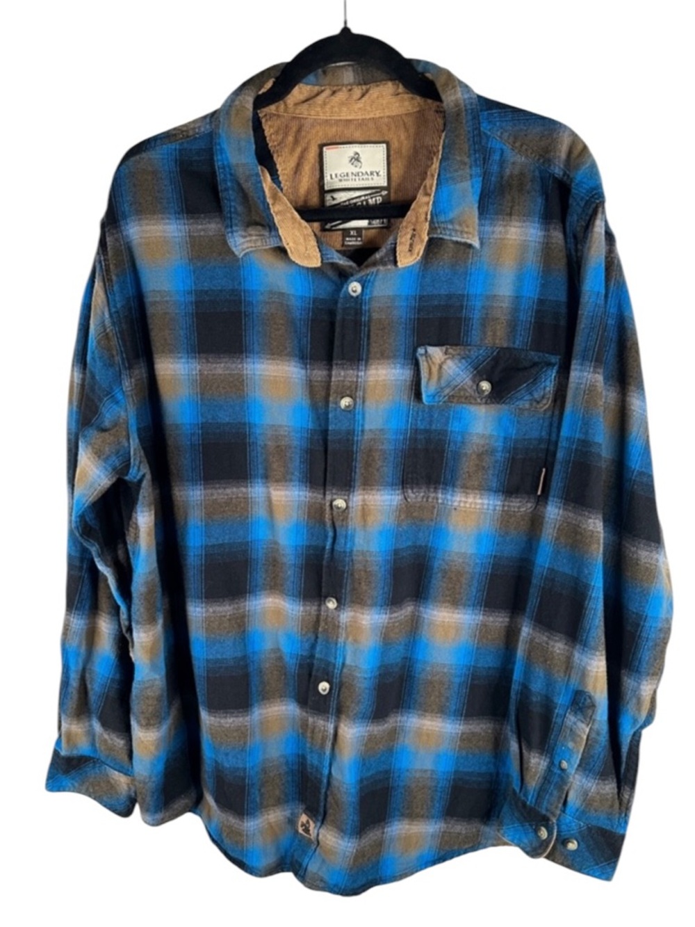 Legendary Whitetails Men's Blue Gray‎ Plaid Corduroy Button Down Flannel Shirt